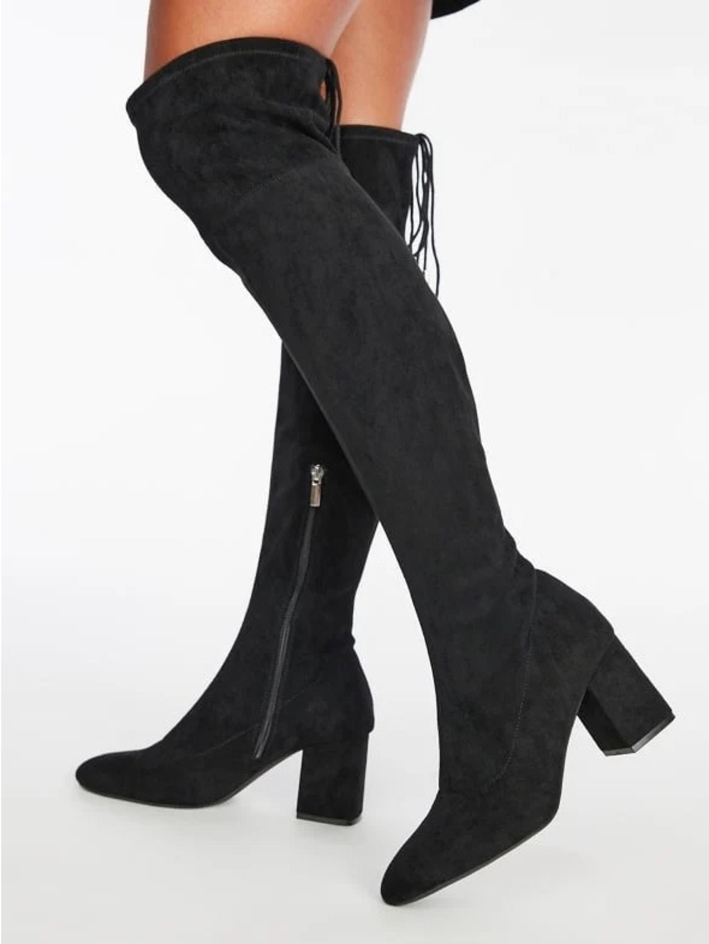Over-the-Knee Tie Black Suede Block Heel Boots